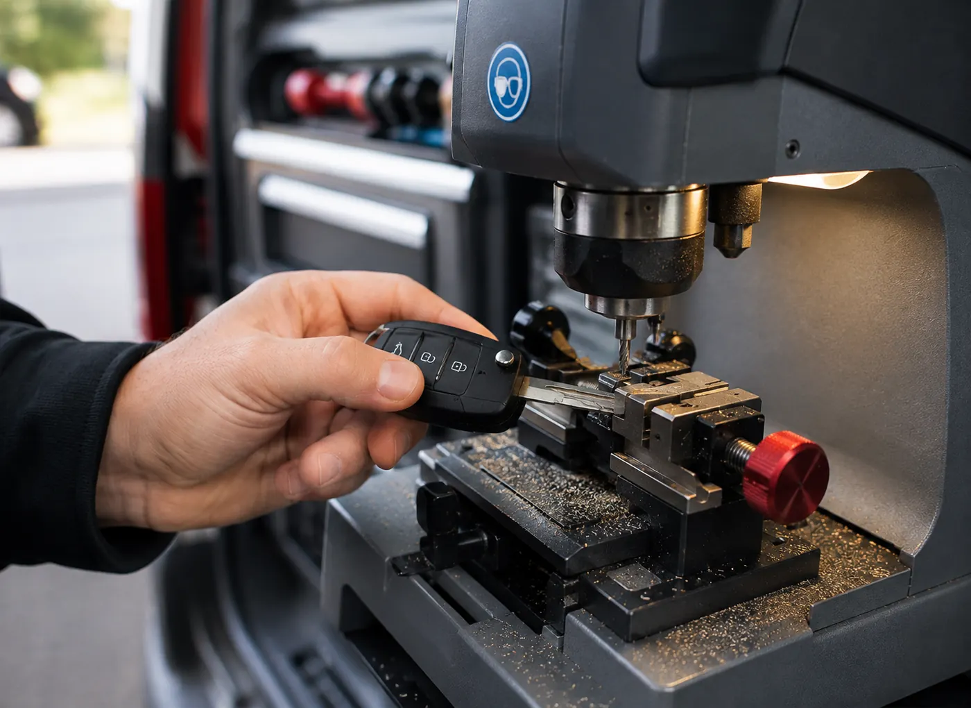 Locksmith performing car key cutting service